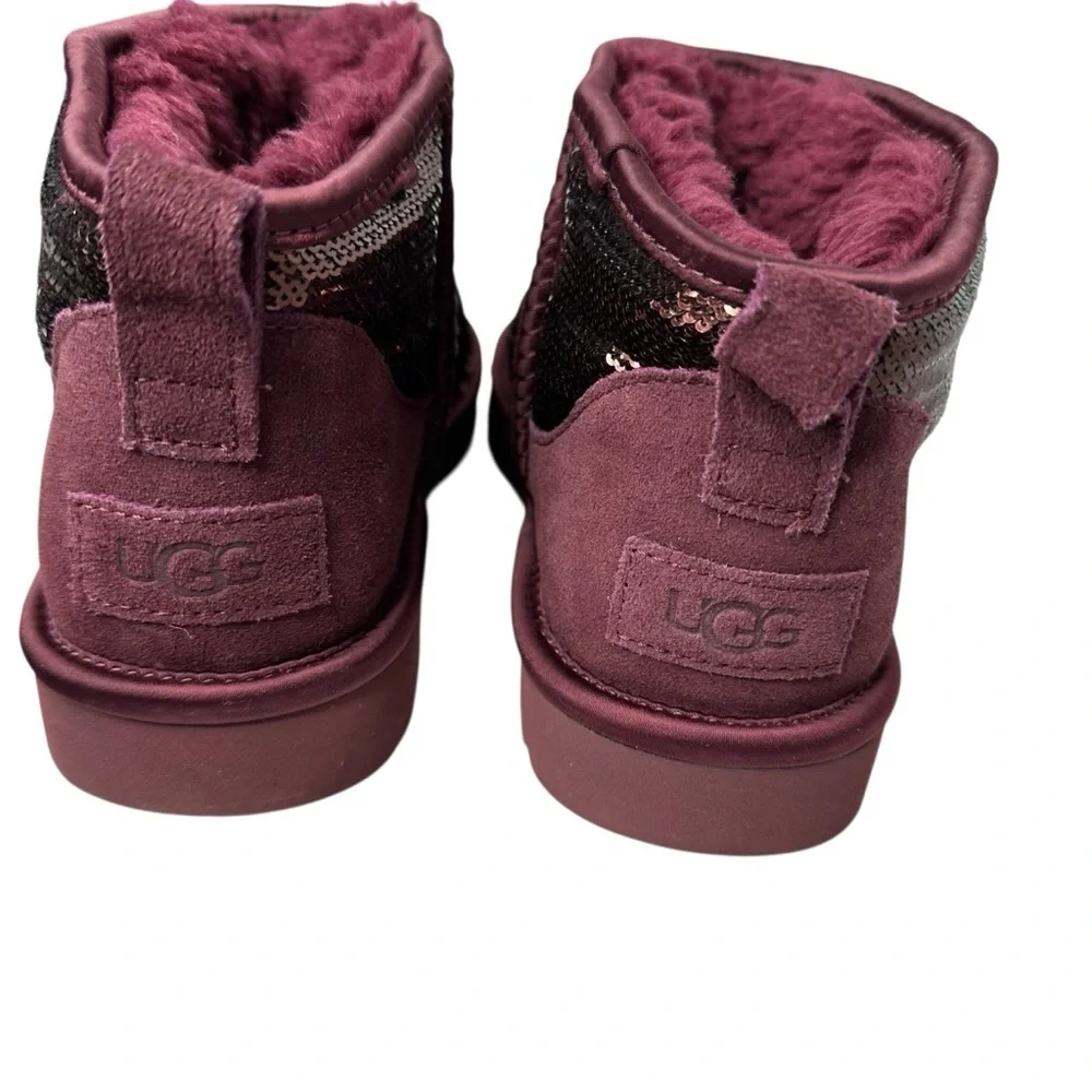 UGG Women's Classic Burgundy Sequin Ultra Mini Mirror Ball Booties. Sz 7